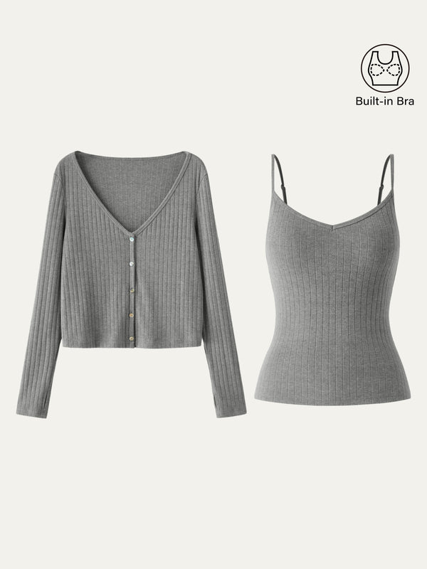 2Pcs Set Wide Rib Cardigan & V-Neck Brami Heather Grey